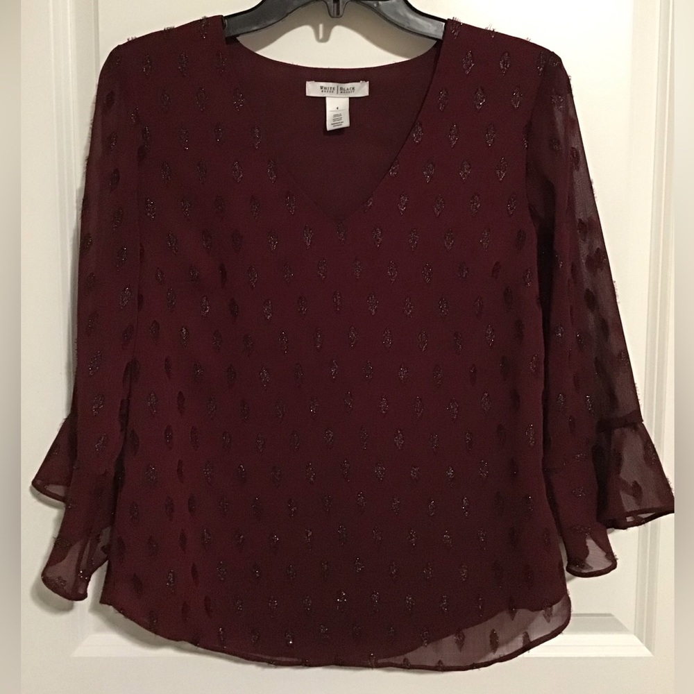 White House Black Market Burgundy Blouse w/ Sheer Ruffle Sleeves Size 4
